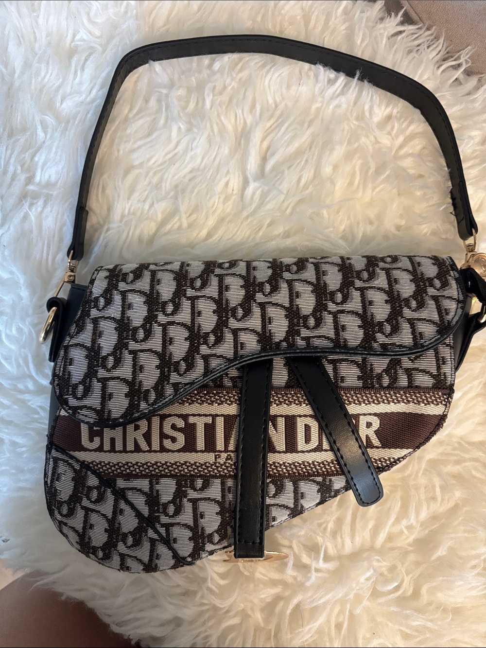 Brown and Beige Saddle Shoulder Bag with Signature Jacquard